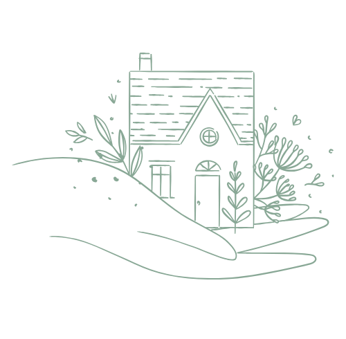 A hand holding a home with flowers growing around it.