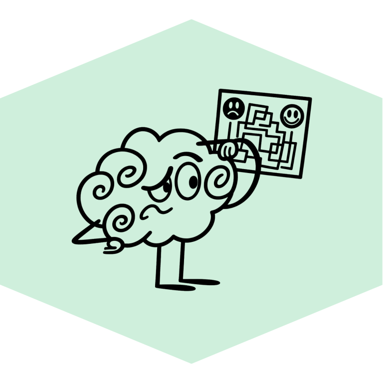 A sketch of a brain that is looking for the right response on a puzzle.