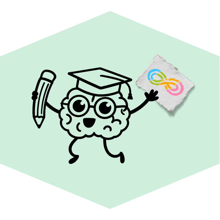 A sketch of a brain holding a pencil and they have drawn the neurodivergent infinity rainbow symbol.