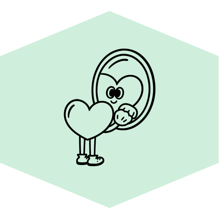 A sketch of a heart looking into a mirror and smiling.