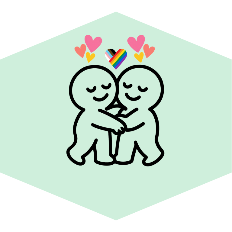 Two figures with hearts above their head. One heart is the LGBTQIA+ flag.