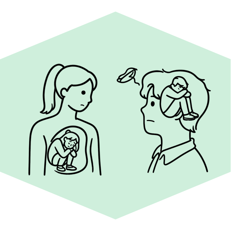 A male and female sketch with an image of their younger self inside their mind or heart. It represents 'inner child' or childhood.